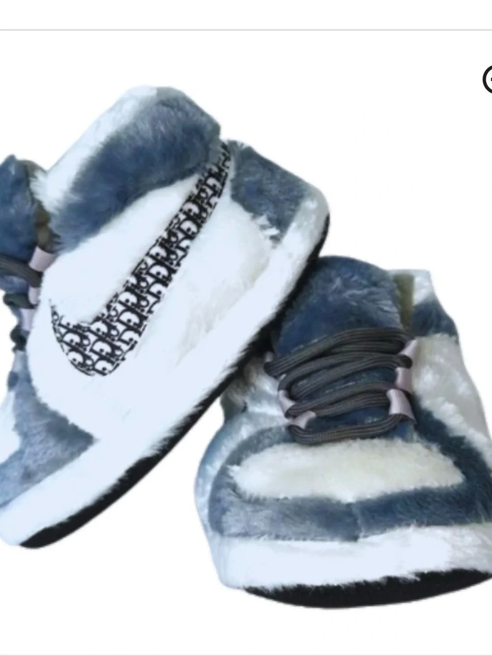 Kids Nike Style Plush Fuzzy Slide Slippers in White, Gray and Black